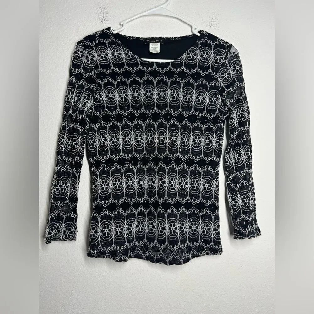 Brittany Black Lace  Glitter Blouse Long Sleeve Size M Stretchy Slim Fit Top